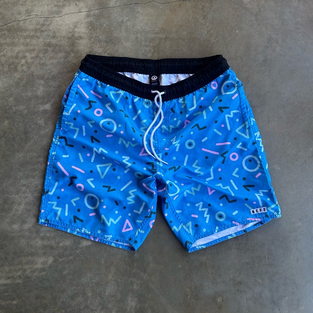 Neff Blue and Black Geometric Swim Shorts